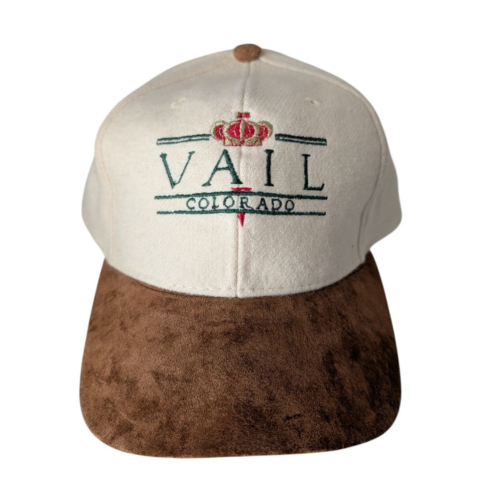 Vintage Vail Colorado Hat Cap Suede Leather Brim Cream Wool Blend Ski Resort 90s